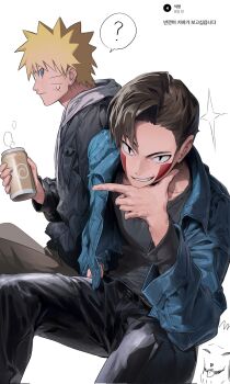 Rule 34 | 2boys, ?, akamaru (naruto), black jacket, black pants, black shirt, blonde hair, blue eyes, blue jacket, brown hair, brown pants, can, cf nrt, closed mouth, dog, facial mark, grey hoodie, grin, hair between eyes, hand on own chin, highres, holding, holding can, hood, hood down, hoodie, inuzuka kiba, jacket, jacket over hoodie, korean text, looking at another, male focus, multiple boys, naruto (series), pants, shirt, short hair, smile, sparkle, spiked hair, spoken question mark, steaming cup, sweatdrop, swept bangs, teeth, tongue, tongue out, uzumaki naruto, whisker markings, white background