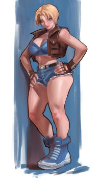 1girl belt blonde_hair blue_eyes blue_shorts breasts commentary denim denim_shorts english_commentary final_fight fingerless_gloves full_body gloves highres jeans looking_at_viewer medium_breasts micro_shorts orion-m pants shoes short_hair shorts sneakers solo standing street_fighter
