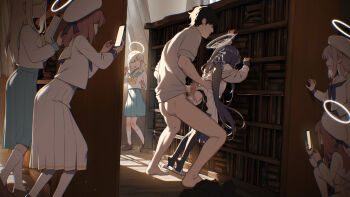 1boy 6+girls aftersex black_hair black_thighhighs blue_archive blue_sailor_collar blue_skirt blvefo9 bookshelf bow brown_hair brown_halo cardigan caught cellphone censored cum cum_in_pussy cum_on_body cum_on_clothes cum_on_hair cumdrip faceless faceless_female faceless_male grey_cardigan hair_bow hairband halo hat highres holding holding_phone indoors library long_hair long_sleeves mixed-language_commentary mosaic_censoring multiple_girls pants pantyhose peeking_out penis penis_on_ass phone public_indecency purple_bow purple_hairband recording sailor_collar school_uniform sensei_(blue_archive) serafuku shirt skirt smartphone standing tea_party_militant_(blue_archive) thighhighs torn_clothes torn_pantyhose trinity_student_(blue_archive) twintails ui_(blue_archive) unworn_pants voyeurism white_hat white_serafuku white_shirt white_skirt yellow_halo