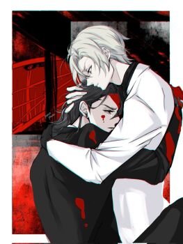 2boys aged_down alternate_hair_length alternate_hairstyle artist_name bindi black_gloves black_hair blonde_hair blood blood_on_clothes blood_on_face blood_on_hands blue_eyes closed_mouth earrings eyelashes final_fantasy final_fantasy_vii final_fantasy_vii_remake fingerless_gloves formal_clothes gloves hand_on_another's_back hand_on_another's_head highres hug jewelry male_focus multiple_boys ponco_pacoooon profile red_eyes rufus_shinra short_hair square_enix suit tseng turks_(ff7) yaoi