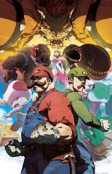 1girl 2boys ?_block belt bowser bracelet bullet_bill chamba claws clenched_hand collar epic facial_hair gloves glowing glowing_eyes goomba hammer hat horns jewelry koopa_troopa luigi male_focus mario mario_(series) md5_mismatch monster multiple_boys muscular mustache nintendo overalls piranha_plant princess_peach resized resolution_mismatch sharp_teeth source_smaller spiked_bracelet spiked_collar spikes super_mario_bros._1 suspenders teeth toad_(mario) tools upscaled utility_belt weapon yoshi