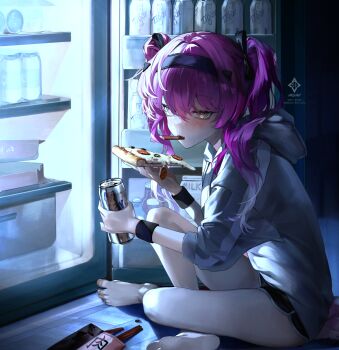 1girl alternate_costume artist_logo bare_legs barefoot beer_can black_hairband black_shorts blush can commentary drink_can eating english_commentary food from_side hair_between_eyes hairband highres holding holding_can holding_food holding_pizza hood hood_down hoodie indoors legs logo looking_at_viewer looking_to_the_side lupa_(wuthering_waves) pink_hair pizza refrigerator shorts sitting solo team.achv twintails white_hoodie wuthering_waves yellow_eyes