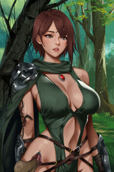 1girl absurdres arm_tattoo armor breasts brown_eyes brown_hair clothing_cutout dress forest green_dress highres indy_k large_breasts lips nature navel navel_cutout original outdoors pelvic_curtain short_hair shoulder_armor solo tattoo wrist_guards