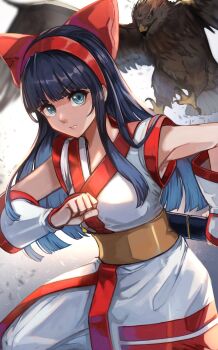 1girl aqua_eyes armpit_peek blue_hair breasts clenched_hand fighting_stance fingerless_gloves gloves hair_ribbon highres kanihara_hitori legs lips long_hair looking_at_viewer medium_breasts nakoruru ribbon samurai_spirits serious snk the_king_of_fighters thighs weapon