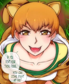 1boy 1girl 2020 animal_ears breasts brown_eyes brown_hair cat_ears catsuit english_text fang fate/grand_order fate_(series) fujimura_taiga highres imminent_penetration imminent_rape jaguarman_(fate) looking_at_viewer medium_breasts open_mouth penis_awe penis_shadow randomboobguy smile speech_bubble tail teasing turn_pale