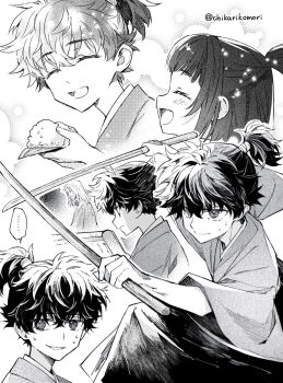 aged_down bokken chikariya closed_eyes dual_wielding fate/samurai_remnant fate_(series) food greyscale hakama half_updo highres holding holding_food holding_scroll japanese_clothes kimono long_hair miyamoto_iori_(fate) miyamoto_musashi_(male)_(fate) monochrome ogasawara_kaya ponytail scroll smile sweat sword twitter_username weapon wooden_sword