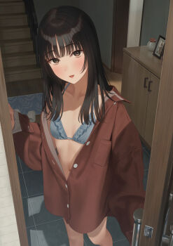 1girl black_hair blue_bra bra breast_pocket breasts buttons collarbone doorway frilled_bra frills highres indoors long_hair long_sleeves midori_(momikyo) momikyo navel no_pants open_door original pajamas partially_unbuttoned photo_(object) pocket pov_doorway red_pajamas shadow small_breasts stairs standing stomach underwear yukishima_momo
