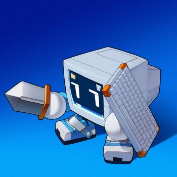 blue_background computer computer_keyboard gradient_background highres holding holding_computer_keyboard holding_sword holding_weapon imcertly improvised_shield microsoft_windows monitor no_humans original personification shoes standing sword weapon windows_xp