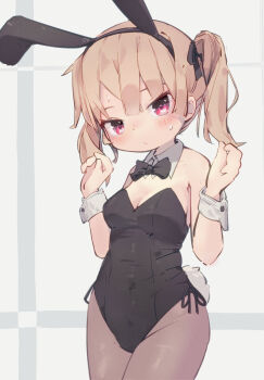 Rule 34 | 1girl, animal ear hairband, animal ears, bare shoulders, black bow, black bowtie, black hairband, black leotard, blonde hair, blunt bangs, blush, bow, bowtie, breasts, brown pantyhose, cleavage, closed mouth, commentary, cowboy shot, dated commentary, detached collar, fake animal ears, hairband, hands up, highres, leotard, looking at viewer, medium breasts, nep (nep 76), original, pantyhose, playboy bunny, rabbit ear hairband, rabbit ears, red eyes, short hair, side-tie leotard, simple background, solo, strapless, strapless leotard, twintails, white background, wrist cuffs