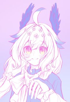 1girl ahoge blue_jacket closed_mouth double-parted_bangs enna_alouette flower gradient_background hair_flower hair_intakes hair_ornament hashtag-only_commentary head_wings highres holding_hands jacket long_hair looking_at_viewer nijisanji nijisanji_en oneyife1 pink_eyes pov pov_hands purple_background scarf smile solo_focus upper_body virtual_youtuber white_hair wings