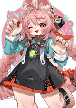 1girl animal_ear_fluff animal_ear_piercing animal_ears animal_feet anklet braid braided_twintails bright_pupils chinese_clothes claw_pose commentary cowboy_shot furry furry_female green_shirt hair_between_eyes highres jewelry kameno_sachi leg_up long_hair looking_at_viewer one_eye_closed open_mouth pink_fur pink_hair rabbit_ears rabbit_girl red_eyes screw shirt short_eyebrows simple_background solo thick_eyebrows white_background white_pupils zenless_zone_zero zhao_(zenless_zone_zero)