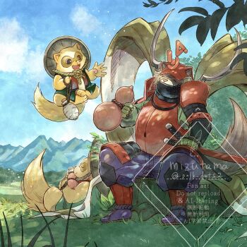 armor brown_fur closed_eyes cloud duel_monster furry furry_male gourd grass highres holding holding_gourd japanese_armor katana leaf lying mizutama_(mizutamalion) mountain number_64_ronin_raccoon_sandayu on_tree_stump outdoors raccoon red_armor ronin rope sickle sky sword tail tree_stump weapon yellow_fur yu-gi-oh!