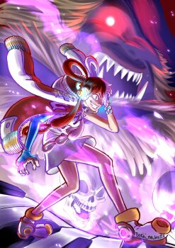 1girl 1other absurdres arms_up artist_request bare_legs black_ribbon black_wings breasts buttons corruption cowboy_shot creature creepy demon devil_fruit dress empty_eyes evil_grin evil_smile eyelashes fangs floating_hair frilled_dress frills giant grin hair_over_one_eye hair_rings hat headphones highres lips long_hair long_sleeves looking_to_the_side multicolored_hair music musical_note neck_ribbon one_piece one_piece_film:_red open_clothes open_mouth puffy_long_sleeves puffy_sleeves purple_eyes red_hair ribbon shaded_face sharp_teeth sidelocks singing size_difference sleeves_past_wrists smile split-color_hair summoning teeth tot_musica_(one_piece) twitter_username two-tone_hair uta_(one_piece) white_dress white_hair wide_hips wings yandere