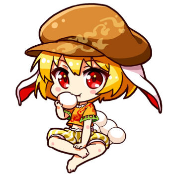 Rule 34 | 1girl, animal ears, barefoot, blonde hair, blush stickers, chibi, dango, eating, female focus, flat cap, floppy ears, food, full body, hand on leg, hat, lowres, midriff, moon rabbit, orange hat, orange shirt, rabbit ears, red eyes, renren (ah renren), ringo (touhou), shirt, short hair, short sleeves, shorts, sitting, solo, striped clothes, striped shorts, touhou, wagashi