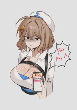 1girl absurdres anis_(nikke) breasts brown_hair chest_belt cleavage collared_shirt commentary_request goddess_of_victory:_nikke hair_ornament hat highres large_breasts nigi_(ngmnoym) official_alternate_costume pov pov_hands shirt simple_background upper_body white_background white_hat white_shirt