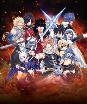 4girls 6+boys arm_up armor bare_shoulders belt black_hair black_skirt black_thighhighs blonde_hair blue_cat blue_gloves blue_hair blue_sleeves breasts brown_belt cat charle_(fairy_tail) cleavage clenched_hand coat crop_top cropped_vest cryokinesis detached_sleeves elbow_gloves embers erza_scarlet fairy_tail fire fur-trimmed_headwear fur-trimmed_sleeves fur-trimmed_vest fur_trim gajeel_redfox gloves gray_fullbuster hair_over_one_eye happy_(fairy_tail) highres holding holding_sword holding_weapon jellal_fernandes juvia_lockser large_breasts long_hair lucy_heartfilia mashima_hiro midriff multiple_boys multiple_girls natsu_dragneel navel neck_ribbon official_art open_clothes open_vest outstretched_arm outstretched_arms pants pauldrons pink_cat pink_hair purple_hair red_hair red_shirt ribbon rogue_cheney scarf shirt shoulder_armor skirt spread_arms sting_eucliffe sword thighhighs twintails vest weapon wendy_marvell white_coat white_pants white_scarf wristband