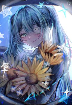 1girl annin_cha blue_eyes blue_hair blush commentary_request eyepatch flower hair_between_eyes hatsune_miku highres holding long_hair looking_at_viewer monitoring_(vocaloid) smile solo spotlight star_(symbol) sunflower twintails upper_body vocaloid