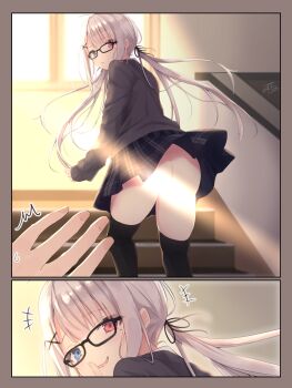 +++ 1boy 1girl ^^^ ass backlighting bad_id bad_pixiv_id black-framed_eyewear black_ribbon black_skirt black_thighhighs blue_eyes border brown_border brown_sweater censored clothes_lift comic commentary_request demon_girl fang finger_to_mouth fingernails glasses grey_hair hair_between_eyes hair_ornament hair_ribbon heterochromia highres indoors light_censor long_hair long_sleeves looking_at_viewer looking_back low_twintails miniskirt mole mole_under_eye no_panties original parted_lips plaid_clothes plaid_skirt pleated_skirt ramchi red_eyes ribbon sequential shushing sidelocks silent_comic simple_background skirt skirt_lift sleeves_past_wrists stairs sunlight sweat sweater thighhighs twintails very_long_hair window x_hair_ornament zettai_ryouiki