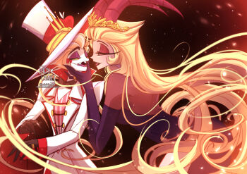 Rule 34 | 1boy, 1girl, adylaineart, blonde hair, blush stickers, commentary, couple, demon boy, demon girl, english commentary, english text, hair slicked back, hazbin hotel, hellaverse, hetero, husband and wife, lilith (hazbin hotel), looking at another, lucifer morningstar (hazbin hotel)