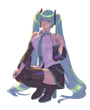 1girl absurdres black_boots black_skirt blue_eyes blue_hair boots breasts chinese_commentary commentary commentary_request detached_sleeves english_commentary full_body hand_on_own_knee hatsune_miku highres large_breasts long_hair mixed-language_commentary ruukii_drift shirt skirt sleeveless sleeveless_shirt solo squatting thigh_boots twintails very_long_hair vocaloid white_shirt