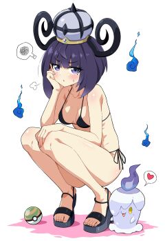 1girl 1other absurdres alternate_costume annoyed bikini black_hair blush breasts eggman_(ni_tamagoex) gen_5_pokemon gwynn_(pokemon) hat heart high_heels highres litwick mega_stone micro_bikini multicolored_hair nest_ball nintendo pokemon pokemon_(creature) pokemon_legends:_z-a purple_eyes shadow short_hair side-tie_bikini_bottom sigh spoken_heart spoken_squiggle squiggle sweat swimsuit will-o-wisp_(pokemon)