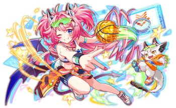 absurdly_long_hair animal_ear_fluff antenna_hair aqua_eyes armband artist_request badge ball bare_arms bare_legs bare_shoulders basketball_(object) basketball_hoop bat_wings bike_shorts black_shorts black_straps blush braid breasts button_badge cel_shading character_request claws cleavage colored_inner_animal_ears colored_shoe_soles crash_fever creature cross-laced_straps dot_nose drawstring drill_hair eyelashes eyewear_on_head fangs fleming_(crash_fever) full_body game_cg gradient_wings green-tinted_eyewear green_eyes hair_intakes hair_ornament hairclip holding holding_ball hood hoodie horns jacket lightning_bolt_print lightning_bolt_symbol long_hair low_wings mechanical_tail medium_breasts midriff multicolored_armband multicolored_footwear multicolored_wings navel number_print numbered official_art open_mouth orange_hood orange_hoodie orange_jacket orange_sleeves outline paw_print_soles pink_hair pink_horns playing_sports pocket purple_wings red_outline rimless_eyewear shoe_soles shoes shorts sidelocks smear_frame smile sneakers solo_focus sports_bra sportswear square square_print star_(symbol) striped_clothes striped_shorts sunglasses sweat sweatdrop tachi-e tail teeth thick_eyebrows third-party_source tied_jacket tinted_eyewear tongue transparent_background triangle twin_braids two-tone_wristband two_side_up v vertical-striped_clothes vertical-striped_shorts very_long_hair white_fur white_shoes white_sports_bra wings wristband x_hair_ornament