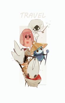 1boy 4girls arthropod_boy artist_name black_cape bodysuit border bracelet brown_hat cape character_request chinese_commentary cloak commentary_request english_text film_grain from_above full_body gold_bracelet grey_background halftone hand_on_own_hip hat heart highres hightguy holding holding_map hollow_eyes hollow_knight hornet_(hollow_knight) horns jewelry lace_(hollow_knight) map multiple_girls no_mouth nuu_(hollow_knight) outside_border pin_(hollow_knight) red_cloak shakra_(hollow_knight) sherma_(hollow_knight) simple_background standing white_bodysuit white_border