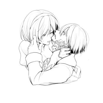 1boy 1girl 2b_(nier:automata) 9s_(nier:automata) asphyxiation bad_id bad_pixiv_id blood blood_from_mouth cropped_torso dress gloves hairband henkyou_(e-f-frontier.net) jacket lineart looking_at_viewer monochrome nier:automata nier_(series) short_hair strangling upper_body