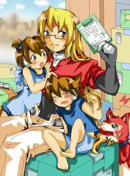 1girl 2boys aged_down aile_(mega_man_zx) artist_request barefoot blonde_hair blue_dress blue_eyes blue_shirt brown_hair capcom child dog dress girouette_(mega_man) green_eyes mega_man_(series) mega_man_zx multiple_boys shirt shorts vent_(mega_man)