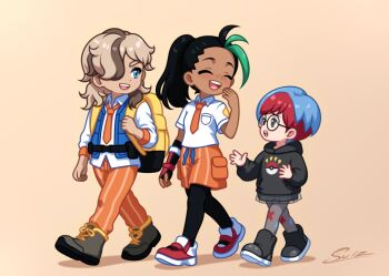 1boy 2girls :d arven_(pokemon) backpack bag black_hoodie black_pantyhose blue_vest boots breast_pocket brown_hair chibi chibi_only closed_eyes collared_shirt freckles glasses height_difference hood hoodie long_hair mixed-language_commentary multicolored_hair multiple_girls necktie nemona_(pokemon) nintendo open_clothes open_mouth open_vest orange_necktie orange_pants orange_shorts pants pantyhose penny_(pokemon) pocket pokemon pokemon_scarlet_and_violet ponytail round_eyewear see-through_clothes see-through_skirt shirt shoes short_sleeves shorts shorts_under_skirt signature skirt smile standing su1zide teeth two-tone_hair upper_teeth_only vest white_shirt yellow_bag