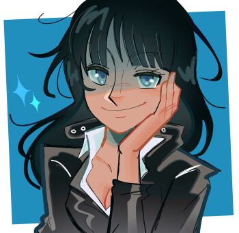 1girl black_dress black_hair blue_background blue_eyes blunt_bangs border close-up collared_shirt commentary_request dress hand_on_own_cheek hand_on_own_face highres leather_dress long_sleeves looking_at_viewer loose_hair_strand medium_hair nico_robin nico_robin_(water_7) one_piece portrait shirt smile solo sparkle spicynred square white_border white_shirt