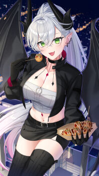 1girl absurdres bat_wings belt black_boots black_hands black_jacket black_skirt black_thighhighs blush body_markings boots breasts chest_tattoo choker cityscape cleavage colored_extremities commentary_request crossed_bangs dango demon_girl demon_horns demon_wings ear_piercing earrings fate/grand_order fate_(series) food green_eyes grey_hair hair_between_eyes high_ponytail highres horns huangyouxingren jacket jewelry large_breasts lilith_(fate) lilith_(over_the_same_sky)_(fate) long_hair long_sleeves midriff neck_tattoo open_mouth pencil_skirt piercing pink_hair pointy_ears ponytail shirt single_earring skirt smile solo takoyaki tattoo thigh_boots thighhighs very_long_hair wagashi white_hair white_shirt wings