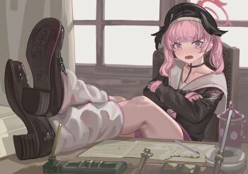 1girl artist_name beret black_hat black_shoes black_wings blue_archive blunt_bangs blush collarbone crossed_ankles curtains desk eyelashes feathered_wings feet_on_table foreshortening halo hat head_wings highres indoors koharu_(blue_archive) loafers long_hair long_sleeves looking_at_viewer loose_socks necktie open_mouth pink_eyes pink_hair pink_halo pink_necktie pink_skirt sailor_collar school_uniform shoe_soles shoes skirt socks solo twintails white_sailor_collar window wings yukiale