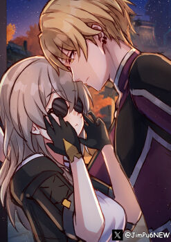 1boy 1girl absurdres adjusting_eyewear black_gloves black_jacket borrowed_accessory closed_mouth commentary couple ear_piercing english_commentary from_side gloves grey_hair hands_up hetero highres honkai:_star_rail honkai_(series) jacket jimpu6 light_brown_hair long_hair looking_at_another looking_down night outdoors piercing red_jacket shirt short_hair skott_(honkai:_star_rail) sky stelle_(honkai:_star_rail) sunglasses trailblazer_(honkai:_star_rail) twitter_username upper_body white_shirt yellow_eyes