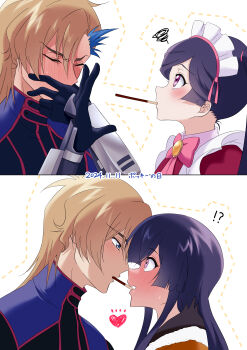 !? 1boy 1girl absurdres apron ash_phoenix black_hair blue_eyes blue_hair blush bow brown_hair brown_jacket code_geass code_geass:_dakkan_no_roze dated flustered food hand_on_own_face heart hetero highres jacket long_hair maid maid_apron multicolored_hair pink_bow pink_eyes pocky pocky_day short_hair sumeragi_sakuya