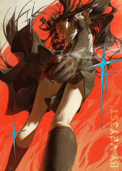 artist_name backlighting black_hair chainsaw_man convenient_censoring dynamic_angle dynamic_pose feet_out_of_frame floating_hair foreshortening from_below mitaka_asa non-web_source pointing pointing_at_viewer red_background red_eyes skirt socks torn_clothes torn_sleeves two-tone_background vey3st watermark yoru_(chainsaw_man)