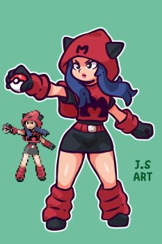 Rule 34 | 1girl, belt, black eyes, black gloves, black skirt, blue hair, commentary request, dress, fake horns, full body, gloves, green background, highres, holding, holding poke ball, hood, hood up, horns, jsart12, legs, lipstick, makeup, miniskirt, multiple views, nintendo, outline, pink lips, pixel art, poke ball, poke ball (basic), pokemon, pokemon rse, portuguese commentary, red belt, red dress, red socks, reference inset, self-upload, simple background, skirt, socks, standing, team magma, team magma grunt, team magma uniform, white outline