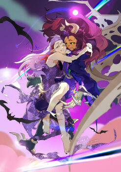 2girls amity_blight bare_legs barefoot bat_(animal) black_nails black_sclera brown_hair carrying carrying_person claws colored_sclera couple demon_girl demon_horns dress eyebrow_cut flying formal_clothes highres horns hug kuma20151225 lace lace-trimmed_dress lace_trim luz_noceda luz_noceda_(titan) multiple_girls pointy_ears purple_dress purple_hair smile suit the_owl_house toes torn_clothes torn_dress yellow_eyes yuri