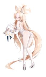 Rule 34 | 1girl, absurdly long hair, absurdres, alternate costume, animal ear fluff, animal ears, ass, backless leotard, bare shoulders, blue archive, bow, cruciform halo, detached sleeves, flower wreath, forehead, fox ears, from behind, gradient eyes, hair bow, halo, high heels, highres, j.j (66752902), knees together feet apart, leotard, long hair, looking at viewer, looking back, low-tied long hair, multicolored eyes, pantyhose, pigeon-toed, seia (blue archive), sleeve bow, sleeves past fingers, sleeves past wrists, solo, striped clothes, striped pantyhose, vertical-striped clothes, vertical-striped pantyhose, very long hair, white background, white leotard, white pantyhose, yellow halo