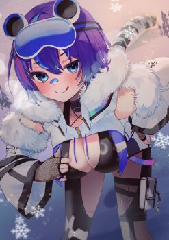 1girl absurdres bandaid bandaid_on_face bandaid_on_nose bikini black_bikini blue_hair blush breasts closed_mouth coat fingerless_gloves fishnet_gloves fishnets fur-trimmed_coat fur-trimmed_sleeves fur_trim gloves goggles goggles_on_head highres ijen_(ljenejl) large_breasts looking_at_viewer melody_(projektmelody) melody_(projektmelody)_(12th_costume) pink_hair purple_hair short_hair smile ski_goggles solo swimsuit tail tiger_tail tongue tongue_out virtual_youtuber vshojo white_coat white_sleeves