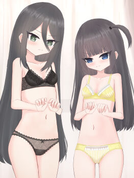 2girls angry black_bow black_bra black_hair black_panties blue_eyes blush bow bow_bra bow_panties bra breasts crotch_seam curtains embarrassed floral_print green_eyes lace lace-trimmed_bra lace-trimmed_panties lace_trim loli long_hair looking_at_viewer multiple_girls navel original panties ponytail print_bra print_panties shooko side_ponytail small_breasts standing striped_bra striped_clothes striped_panties underwear window yellow_bow yellow_bra yellow_panties