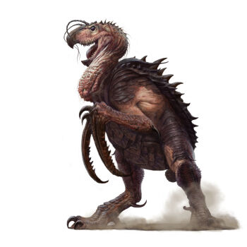 antennae bird black_eyes claws dust highres hybrid long_neck mantis monster open_mouth peacock rusell_mark scales shell spikes tongue tongue_out turtle