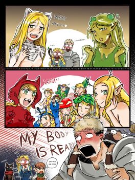 2girls 3boys 3koma 6+girls alternate_costume among_us anger_vein armor blonde_hair blush bright_pupils brown_hair cat chilchuck_tims comic cosplay crewmate_(among_us) crewmate_(among_us)_(cosplay) crossover demon_girl dryad dungeon_meshi elf english_text golem_(dungeon_meshi) gorget green_eyes highres izutsumi laios_touden long_hair marcille_donato marcille_donato_(scylla) meme mimic_(dungeon_meshi) monster_girl multiple_boys multiple_girls multiple_persona my_body_is_ready odd_onion open_mouth pointy_ears red_dragon_(dungeon_meshi) red_dragon_(dungeon_meshi)_(cosplay) reggie_fils-aime restrained sensei_(blue_archive) short_hair slime_(creature) slime_girl smile succubus_(dungeon_meshi) walking_mushroom_(dungeon_meshi) walking_mushroom_(dungeon_meshi)_(cosplay) white_pupils