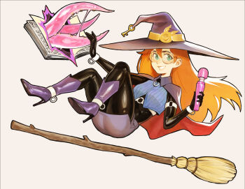 1girl ass black_bodysuit blue_eyes blue_vest blush bodysuit bodysuit_under_clothes book boots breasts broom broom_riding cape dildo effy_neprin full_body glasses grimoire hair_between_eyes hat high_heels highres hitachi_magic_wand holding holding_sex_toy key long_hair looking_at_viewer medium_breasts open_mouth orange_hair original purple_boots purple_cape purple_hat sex_toy simple_background siri_jay smile solo stiletto_heels tentacles vest vibrator white_background witch witch_hat