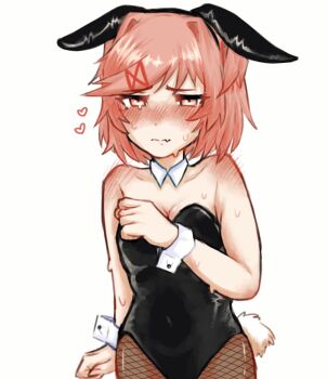 1girl animal_ears black_pantyhose blush bob_cut breasts closed_mouth collar collarbone cowboy_shot doki_doki_literature_club dot_nose fake_animal_ears fang hair_intakes hair_ornament hair_ribbon hairclip heart highres hyonakotokara leotard looking_at_viewer medium_hair natsuki_(doki_doki_literature_club) nervous nervous_sweating nose_blush pantyhose pink_eyes pink_hair playboy_bunny rabbit rabbit_ears rabbit_tail red_ribbon ribbon shoulder_blush simple_background skin_fang small_breasts solo standing strapless strapless_leotard sweat swept_bangs tail white_background white_collar wristband