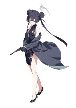 1girl absurdres bare_shoulders black_coat black_dress black_gloves black_hair black_shoes blue_archive braid braided_base breasts bun_with_braided_base butterfly_hair_ornament china_dress chinese_clothes chinese_commentary coat commentary_request double_bun dragon_print dress feishi full_body gloves grey_eyes grey_halo gun hair_bun hair_ornament halo handgun highres holding holding_gun holding_weapon kisaki_(blue_archive) looking_to_the_side m1911 mandarin_collar off_shoulder own_hands_together pelvic_curtain print_dress shoes side_slit simple_background small_breasts solo standing striped_coat twintails vertical-striped_coat weapon white_background