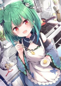 1girl ahoge animal_print apron aqua_nails bag blue_dress blue_hair blue_sleeves blunt_bangs blush bow butterfly_print chopsticks commentary_request crossed_bangs detached_collar double_bun dress dress_bow earrings fang faucet frilled_dress frills frying_pan gradient_hair green_hair green_nails hair_bun hair_ornament hair_ribbon highres holding holding_chopsticks holding_plate hololive indoors jewelry kitchen ladle looking_at_viewer low_twintails medium_hair multicolored_hair nail_polish niwasane_(saneatsu03) off-shoulder_dress off_shoulder oil open_mouth oven_mitts peeler pepper_shaker plant plastic_bag plate potato red_eyes ribbon salt_shaker short_dress short_hair short_twintails sidelocks sink skin_fang skull_earrings skull_hair_ornament solo spatula stove twintails twitter_username uruha_rushia uruha_rushia_(1st_costume) virtual_youtuber wide_sleeves
