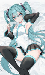 Rule 34 | 1girl, absurdly long hair, aqua eyes, aqua hair, aqua necktie, armpits, bed sheet, black footwear, black skirt, black sleeves, blush, boots, breasts, cellphone, closed mouth, collared shirt, commentary, detached sleeves, feet out of frame, hair between eyes, hair ornament, hatsune miku, highres, holding, holding phone, kawasuru (15miclon), long hair, long sleeves, looking at viewer, lying, miniskirt, necktie, on back, phone, pleated skirt, presenting armpit, shirt, skirt, sleeveless, sleeveless shirt, small breasts, smartphone, solo, thigh boots, twintails, very long hair, vocaloid, white shirt