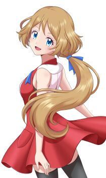 1girl absurdres alternate_costume black_thighhighs blue_eyes blue_ribbon blush breasts brown_hair commentary_request dress hair_between_eyes highres long_hair looking_at_viewer looking_back medium_breasts nintendo open_mouth pokemon pokemon_(anime) pokemon_xy ribbon serena_(pokemon) simple_background sleeveless sleeveless_dress smile solo thighhighs very_long_hair white_background zeki231 zettai_ryouiki