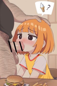 1boy 1girl age_difference bar_censor blush censored daughter_(yoru_mac) drooling fat fat_man fellatio food hairy_legs hand_on_another&#039;s_head hetero highres loli male_pubic_hair mcdonald&#039;s mind_break older_male_and_younger_female oral orange_hair penis pikopeko pubic_hair rape saliva short_hair sidelocks solo_focus speech_bubble testicles ugly_bastard yoru_mac